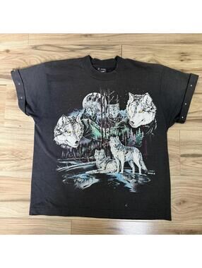 Vtg 90s Wolf Pack Graphic Tee M Fruit of the Loom USA Studded Sleeve Goblincore